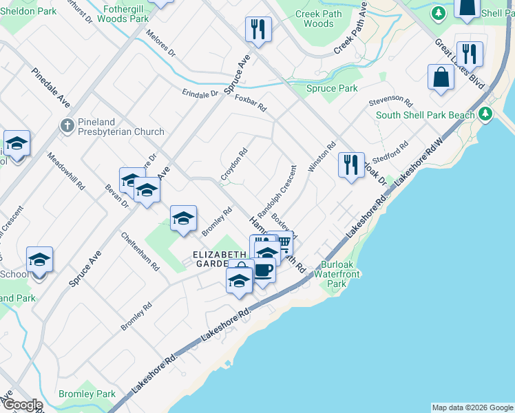 map of restaurants, bars, coffee shops, grocery stores, and more near 5398 Randolph Crescent in Burlington
