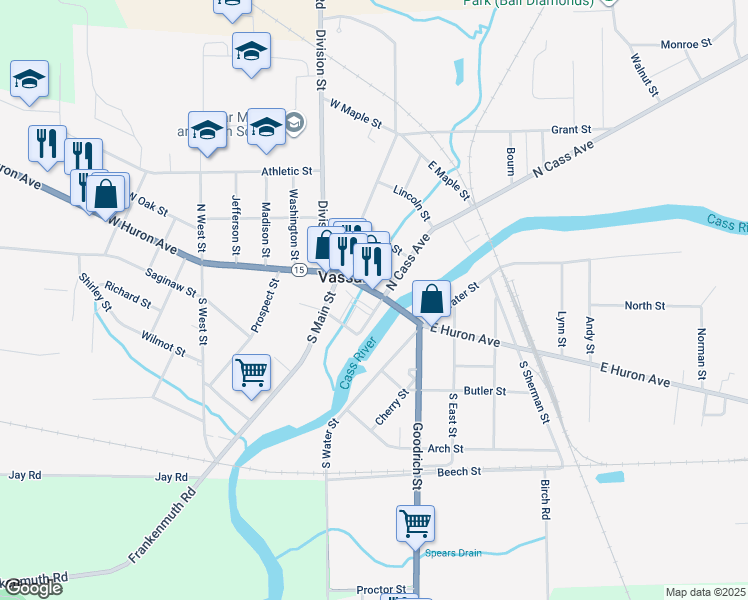 map of restaurants, bars, coffee shops, grocery stores, and more near 194 East Huron Avenue in Vassar