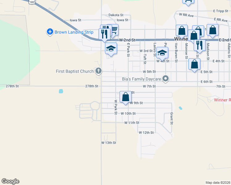 map of restaurants, bars, coffee shops, grocery stores, and more near 801 West Park Street in Winner