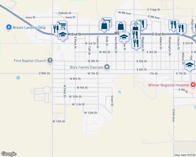 map of restaurants, bars, coffee shops, grocery stores, and more near 501 West 8th Street in Winner