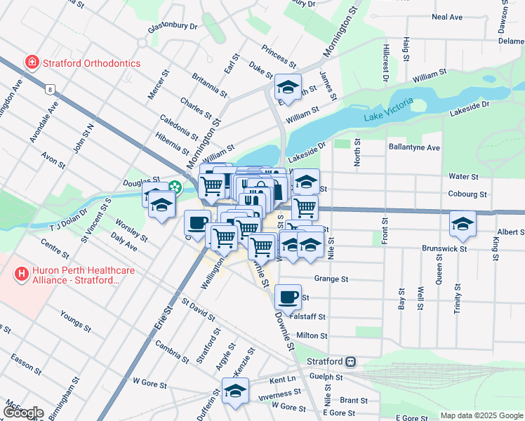 map of restaurants, bars, coffee shops, grocery stores, and more near 123 Ontario 7 in Stratford