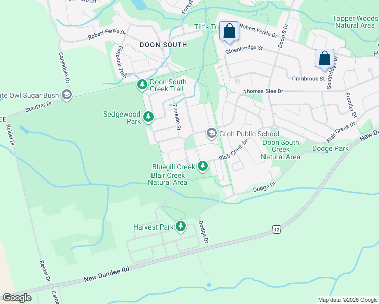 map of restaurants, bars, coffee shops, grocery stores, and more near 155 Thomas Slee Drive in Kitchener
