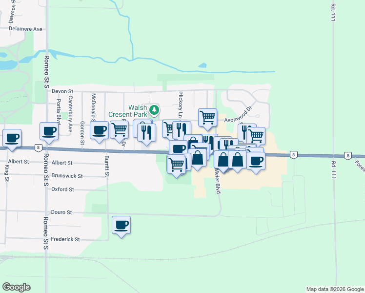 map of restaurants, bars, coffee shops, grocery stores, and more near 892 Ontario Street in Stratford
