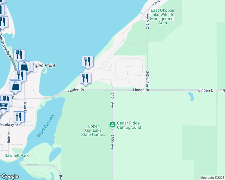 map of restaurants, bars, coffee shops, grocery stores, and more near 1901 240th Avenue in Spirit Lake