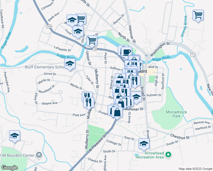 map of restaurants, bars, coffee shops, grocery stores, and more near 45 Walnut Street in Claremont