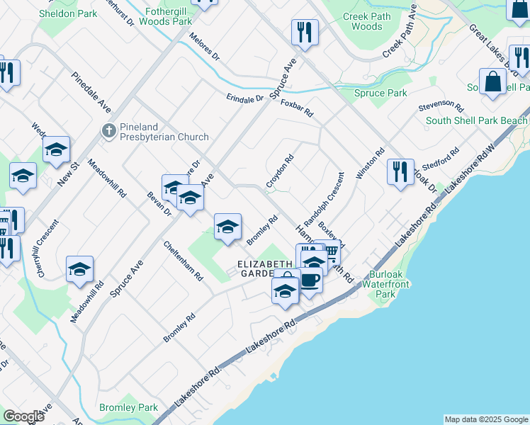 map of restaurants, bars, coffee shops, grocery stores, and more near 215 Hammersmith Court in Burlington