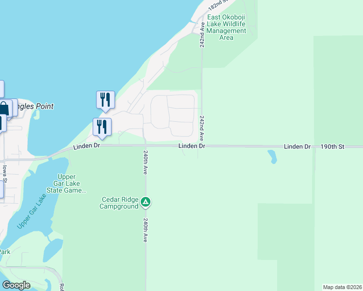 map of restaurants, bars, coffee shops, grocery stores, and more near 2413 Linden Drive in Arnolds Park