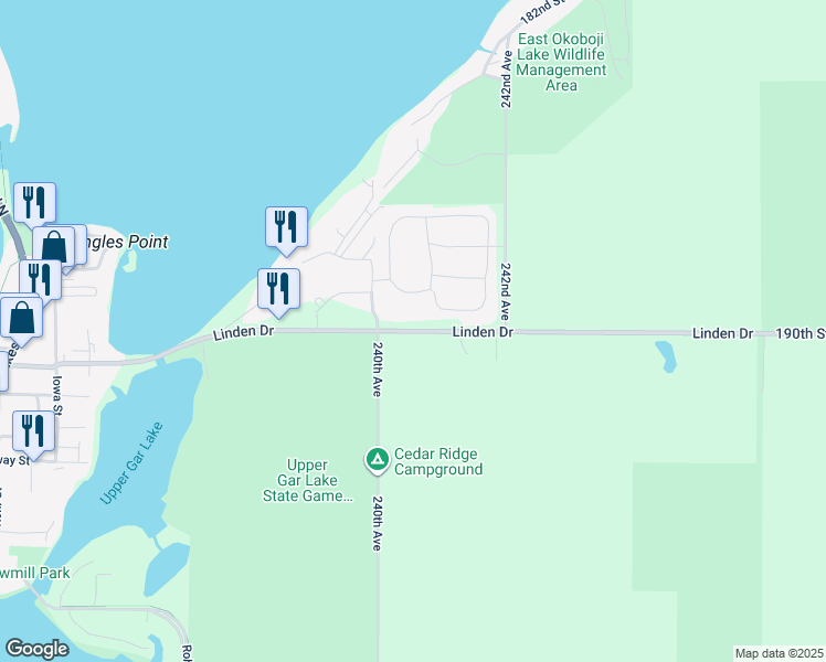 map of restaurants, bars, coffee shops, grocery stores, and more near Linden Drive in Arnolds Park