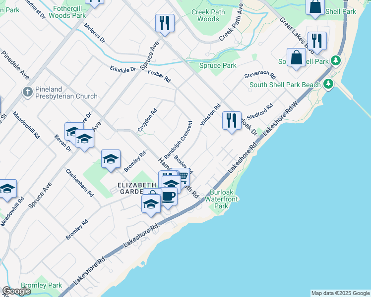 map of restaurants, bars, coffee shops, grocery stores, and more near 5425 Winston Road in Burlington