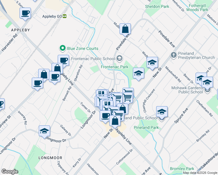 map of restaurants, bars, coffee shops, grocery stores, and more near 532 Sheraton Road in Burlington
