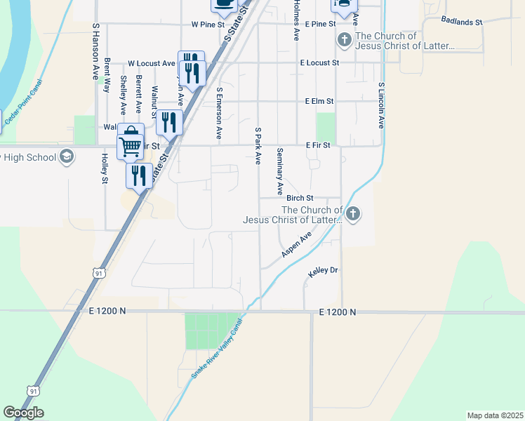map of restaurants, bars, coffee shops, grocery stores, and more near 700 South Park Avenue in Shelley