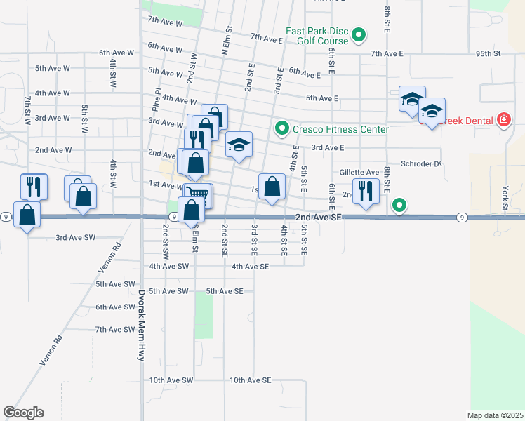map of restaurants, bars, coffee shops, grocery stores, and more near 205 2nd Avenue Southeast in Cresco