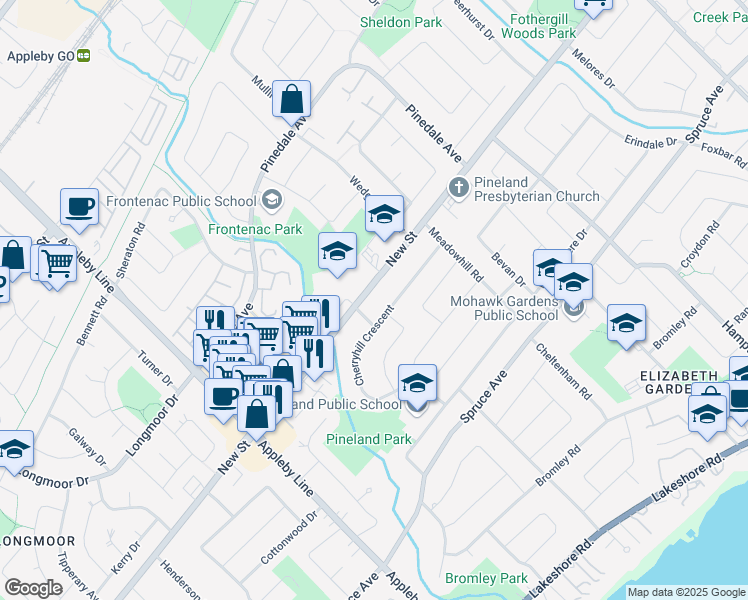 map of restaurants, bars, coffee shops, grocery stores, and more near 5164 New Street in Burlington