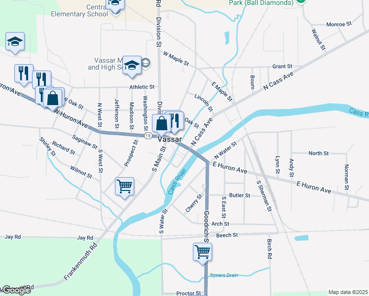 map of restaurants, bars, coffee shops, grocery stores, and more near 194 East Huron Avenue in Vassar