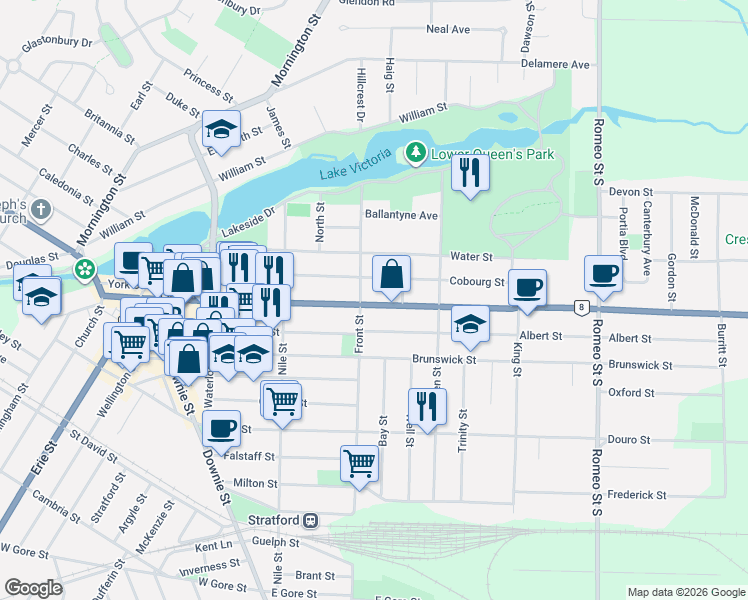 map of restaurants, bars, coffee shops, grocery stores, and more near 330 Ontario 7 in Stratford