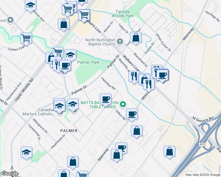 map of restaurants, bars, coffee shops, grocery stores, and more near 3427 Lansdown Drive in Burlington