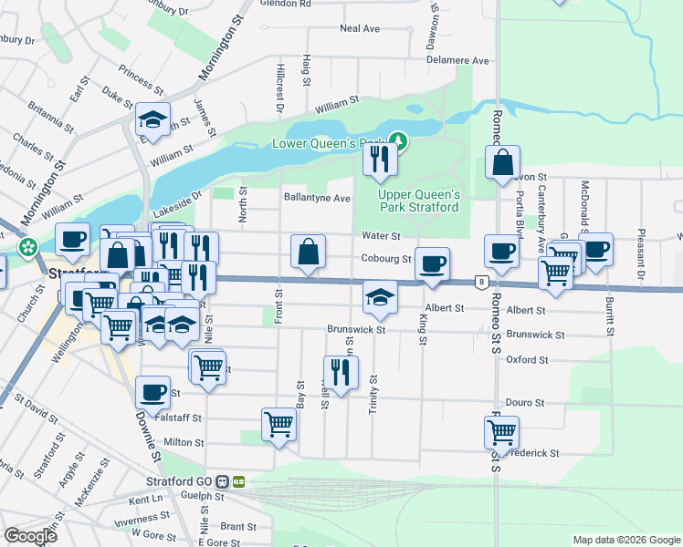 map of restaurants, bars, coffee shops, grocery stores, and more near 397 Ontario 7 in Stratford