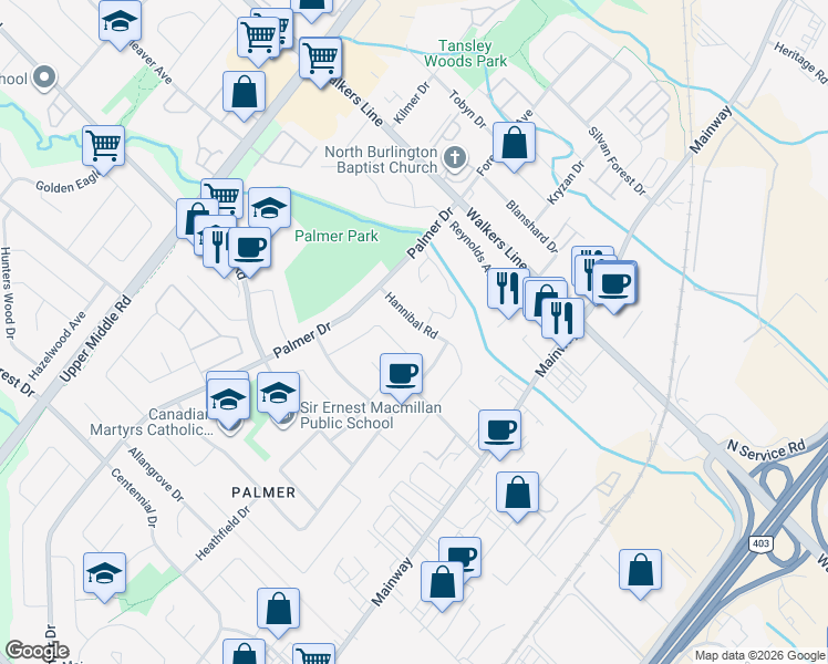 map of restaurants, bars, coffee shops, grocery stores, and more near 3427 Lansdown Drive in Burlington