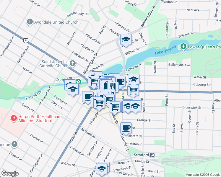 map of restaurants, bars, coffee shops, grocery stores, and more near 90 Ontario Street in Stratford