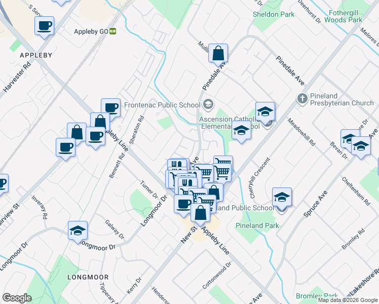 map of restaurants, bars, coffee shops, grocery stores, and more near 532 Sheraton Road in Burlington