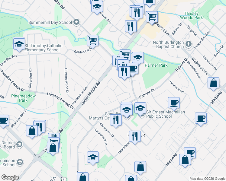 map of restaurants, bars, coffee shops, grocery stores, and more near 1576 Newlands Crescent in Burlington