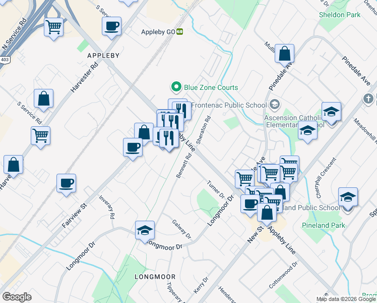 map of restaurants, bars, coffee shops, grocery stores, and more near 608 Appleby Line in Burlington