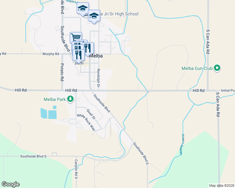 map of restaurants, bars, coffee shops, grocery stores, and more near 6981 Base Line Road in Melba