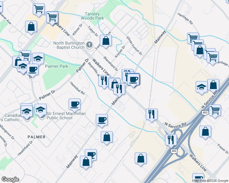 map of restaurants, bars, coffee shops, grocery stores, and more near 3509 Mainway in Burlington