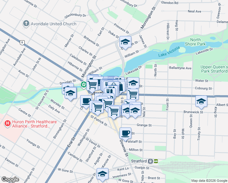 map of restaurants, bars, coffee shops, grocery stores, and more near 112 Ontario Street in Stratford