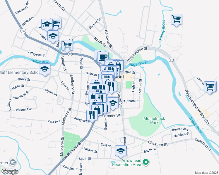 map of restaurants, bars, coffee shops, grocery stores, and more near 72 Pleasant Street in Claremont