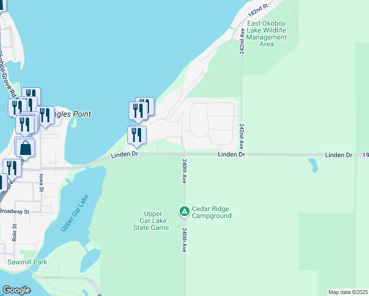 map of restaurants, bars, coffee shops, grocery stores, and more near 1901-1919 240th Ave in Arnolds Park