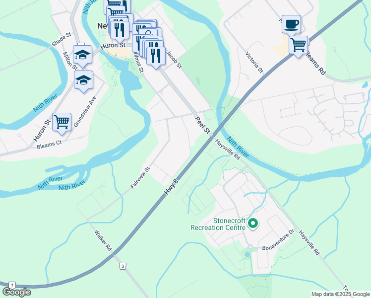 map of restaurants, bars, coffee shops, grocery stores, and more near 442 Joseph Street in New Hamburg