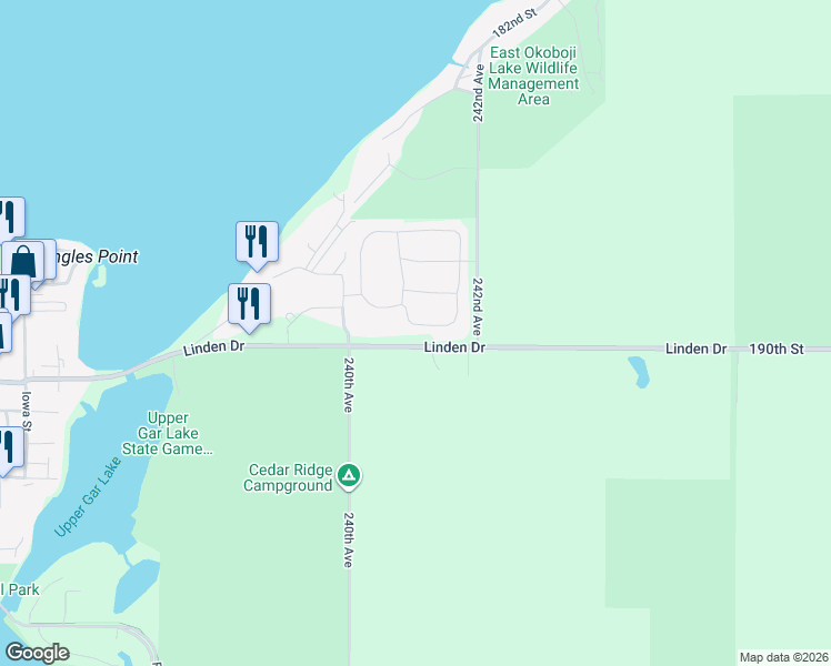 map of restaurants, bars, coffee shops, grocery stores, and more near 2413 Linden Drive in Arnolds Park