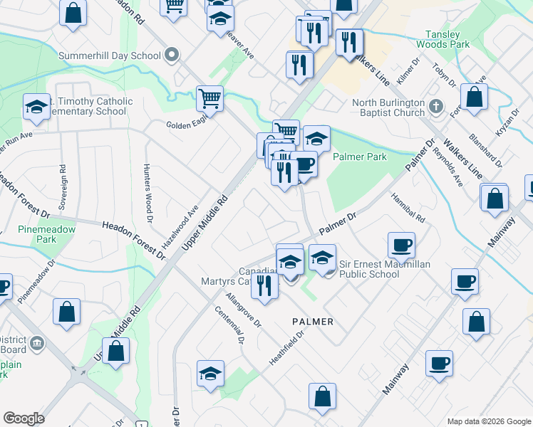map of restaurants, bars, coffee shops, grocery stores, and more near 1564 Newlands Crescent in Burlington