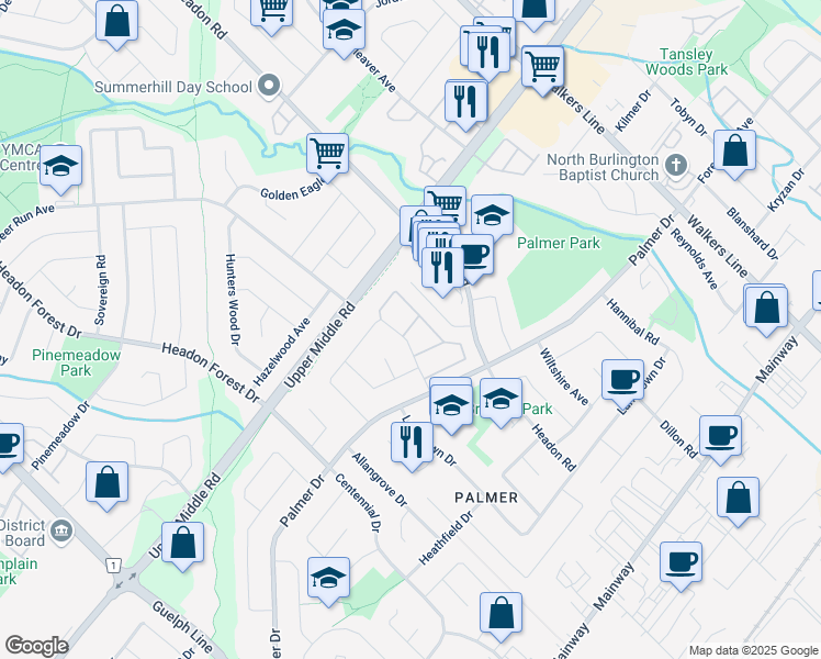 map of restaurants, bars, coffee shops, grocery stores, and more near 1564 Newlands Crescent in Burlington