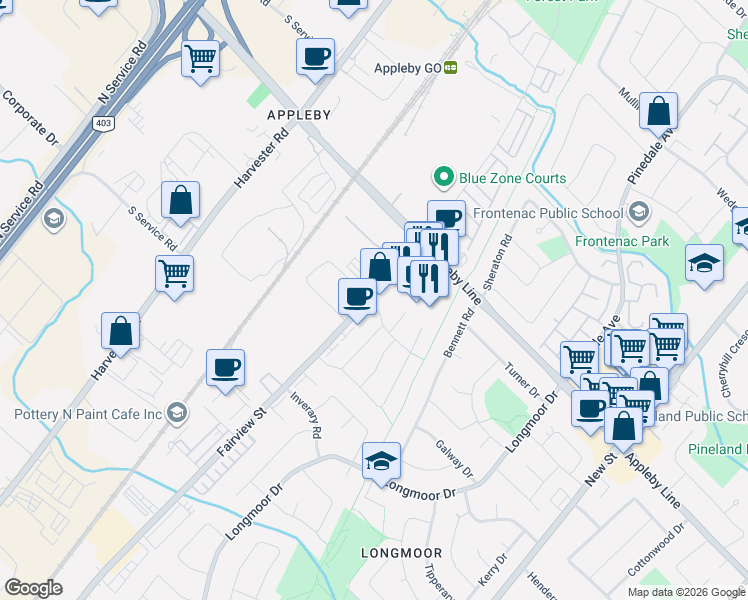 map of restaurants, bars, coffee shops, grocery stores, and more near 4450 Fairview Street in Burlington