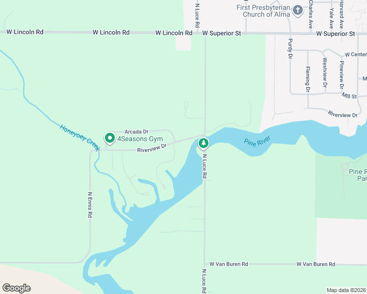 map of restaurants, bars, coffee shops, grocery stores, and more near 4100 Riverview Drive in Alma