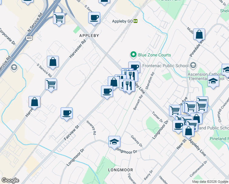 map of restaurants, bars, coffee shops, grocery stores, and more near 4450 Fairview Street in Burlington