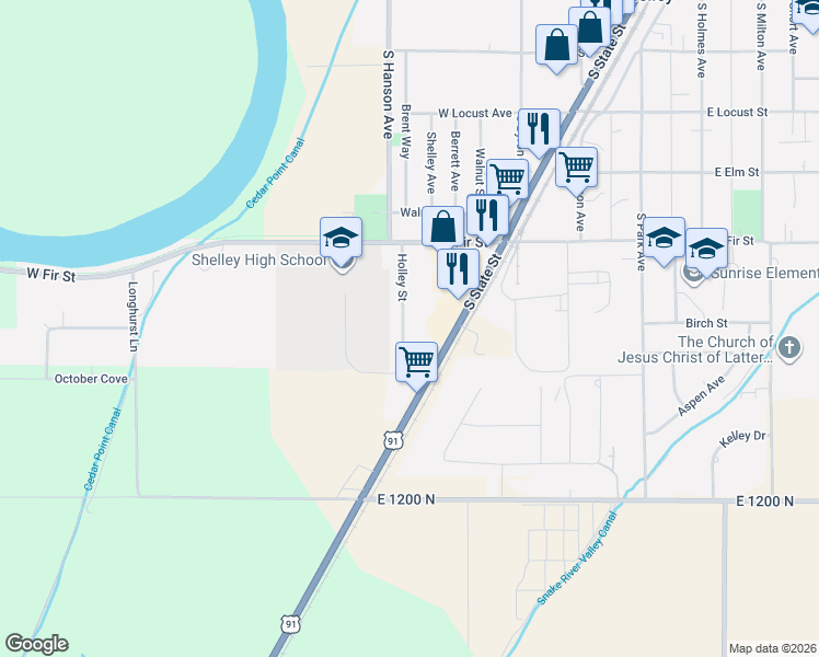map of restaurants, bars, coffee shops, grocery stores, and more near 501-699 Holley Street in Shelley