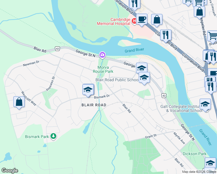 map of restaurants, bars, coffee shops, grocery stores, and more near 9 Clearview Drive in Cambridge