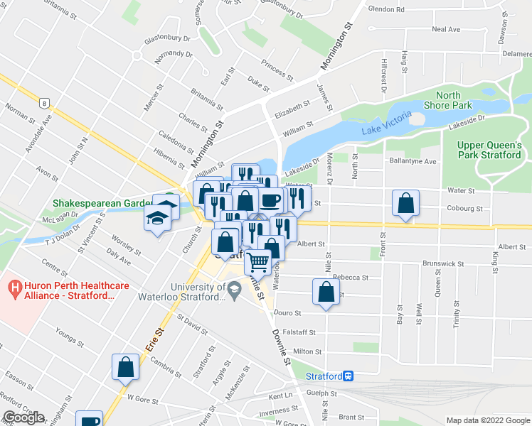 map of restaurants, bars, coffee shops, grocery stores, and more near 30 Waterloo Street South in Stratford