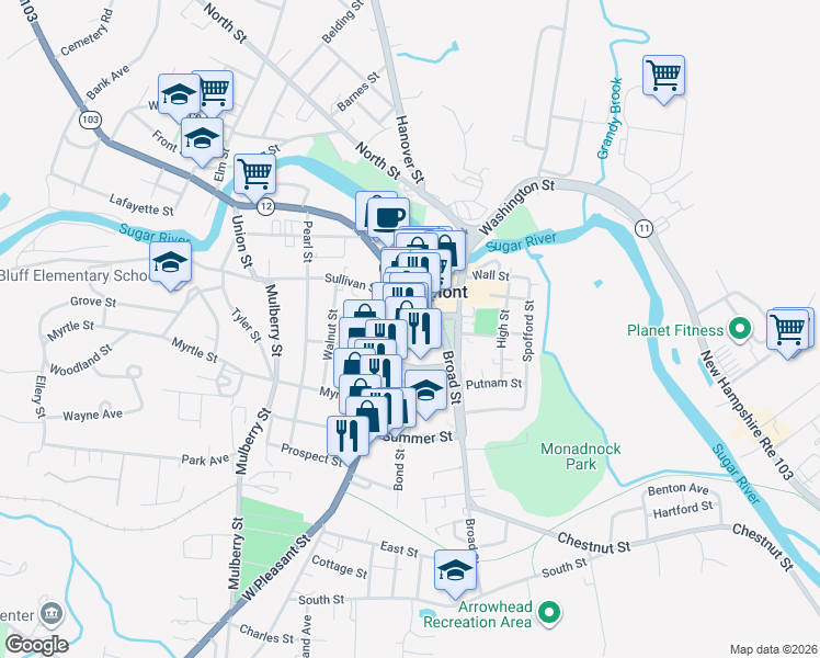 map of restaurants, bars, coffee shops, grocery stores, and more near 28 Sullivan Street in Claremont