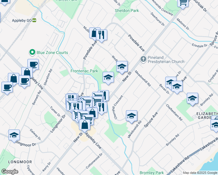map of restaurants, bars, coffee shops, grocery stores, and more near 5151 New Street in Burlington