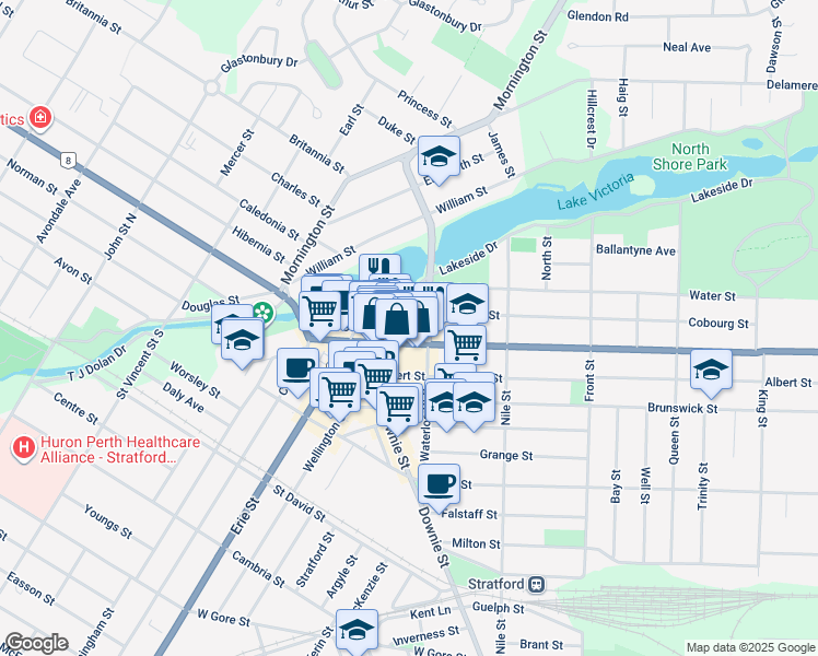 map of restaurants, bars, coffee shops, grocery stores, and more near 136 Ontario Street in Stratford