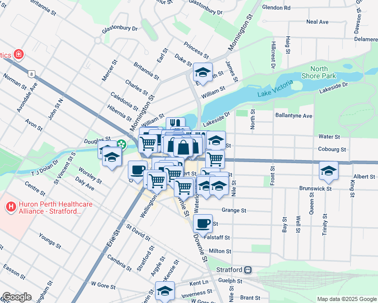 map of restaurants, bars, coffee shops, grocery stores, and more near 30 Waterloo Street South in Stratford