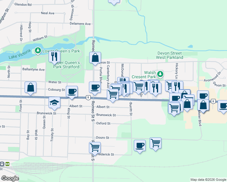 map of restaurants, bars, coffee shops, grocery stores, and more near 3 Willow Street in Stratford