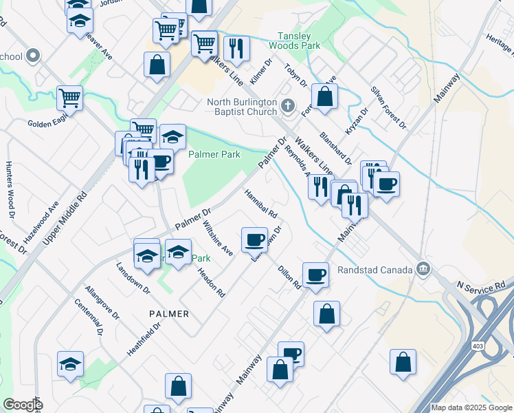 map of restaurants, bars, coffee shops, grocery stores, and more near 3463 Hannibal Road in Burlington