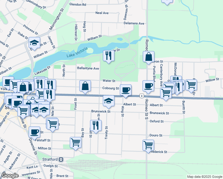 map of restaurants, bars, coffee shops, grocery stores, and more near 317 Cobourg Street in Stratford