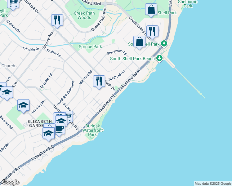 map of restaurants, bars, coffee shops, grocery stores, and more near 3500 Lakeshore Road in Oakville