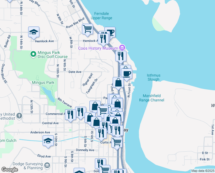 map of restaurants, bars, coffee shops, grocery stores, and more near 687 North 3rd Street in Coos Bay